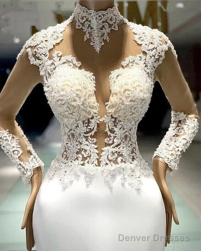 High Neck Mermaid Satin Long Sleeves Lace Wedding Dresses