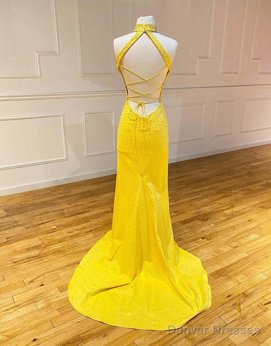 High Neck Mermaid Yellow Prom Dress with Split Secondary image