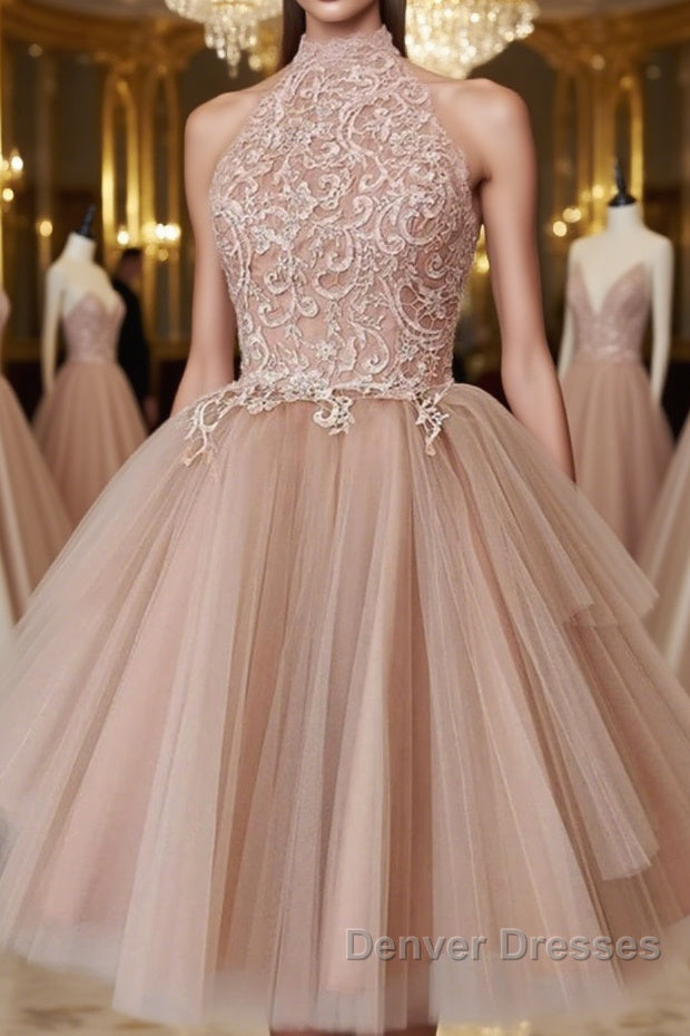 High Neck Open Back Short Champagne Lace Prom Dress, Backless Champagne Lace Formal Graduation Dress, Champagne Lace Homecoming Dress Main image