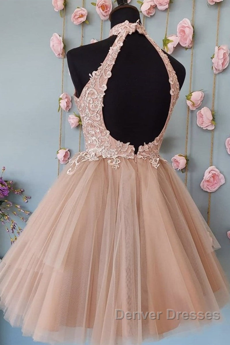 High Neck Open Back Short Champagne Lace Prom Dress, Backless Champagne Lace Formal Graduation Dress, Champagne Lace Homecoming Dress Secondary image