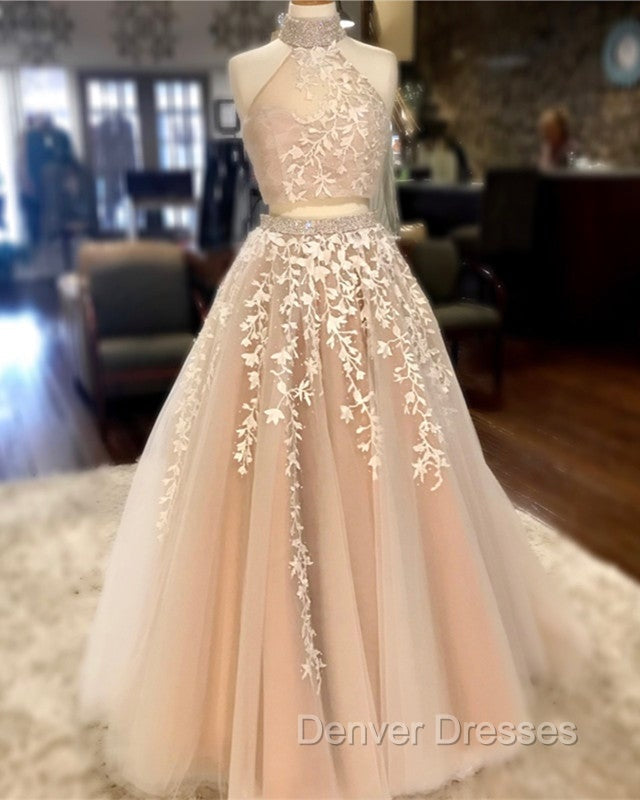 High Neck Open Back Tulle Prom Dress Two Piece Quinceanera Dress Ball Gowns