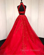 High Neck Open Back Tulle Prom Dress Two Piece Quinceanera Dress Ball Gowns