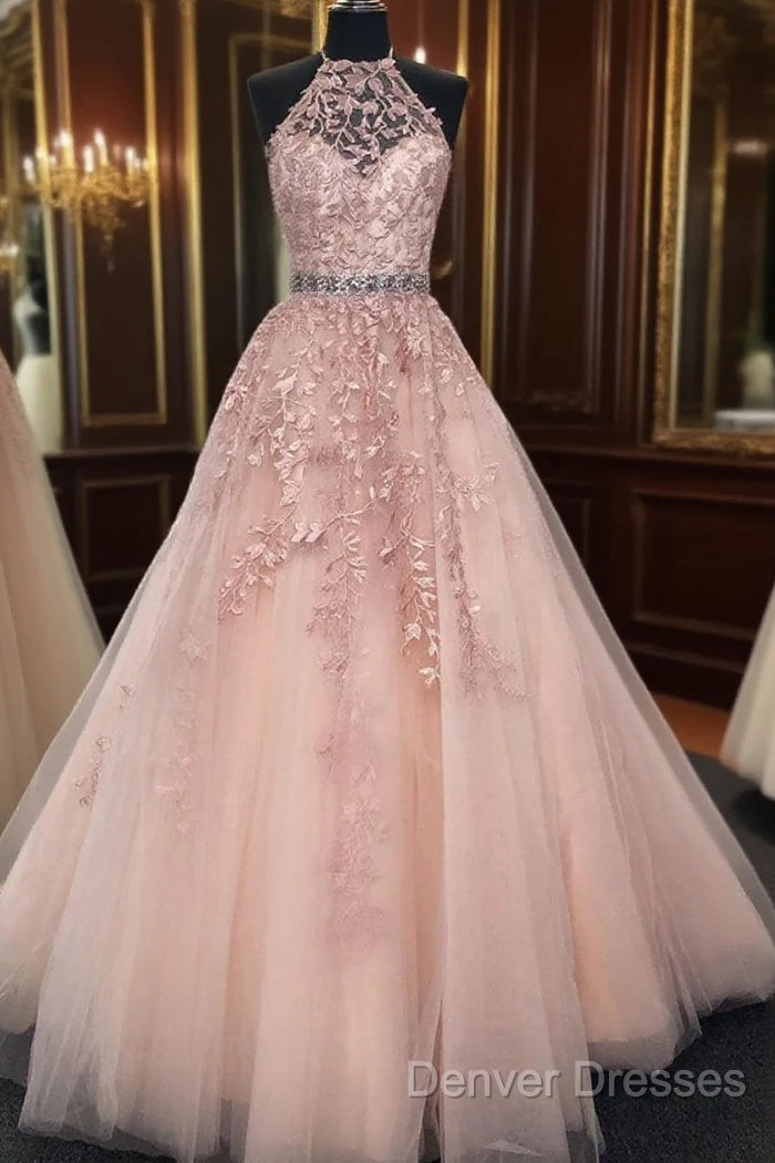 High Neck Pink Lace Prom Dress, Pink Lace Formal Evening Graduation Dress