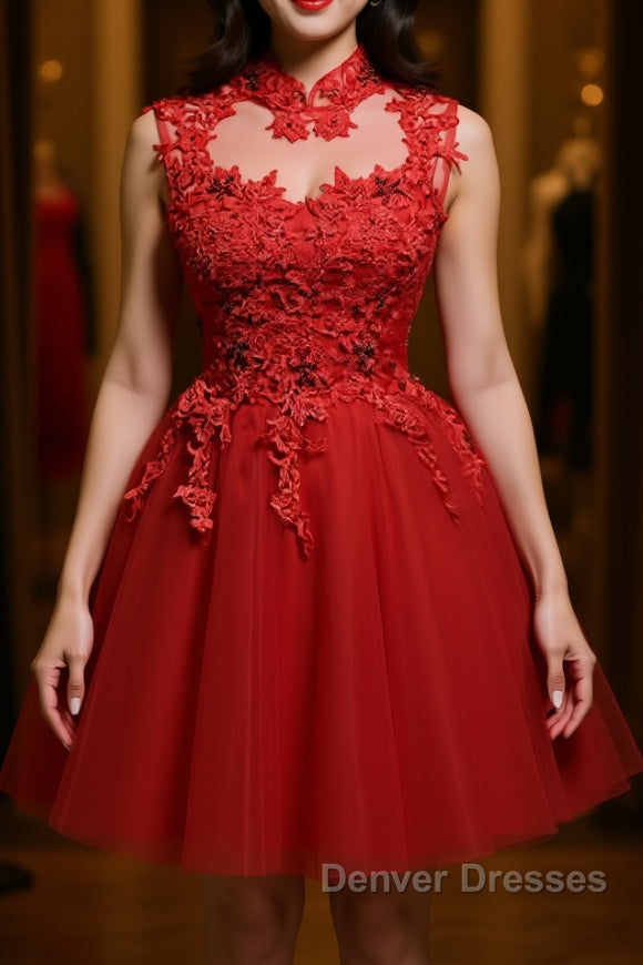 High Neck Red Lace Short Prom Dress, Red Lace Homecoming Dress, Red Formal Graduation Evening Dress Main image