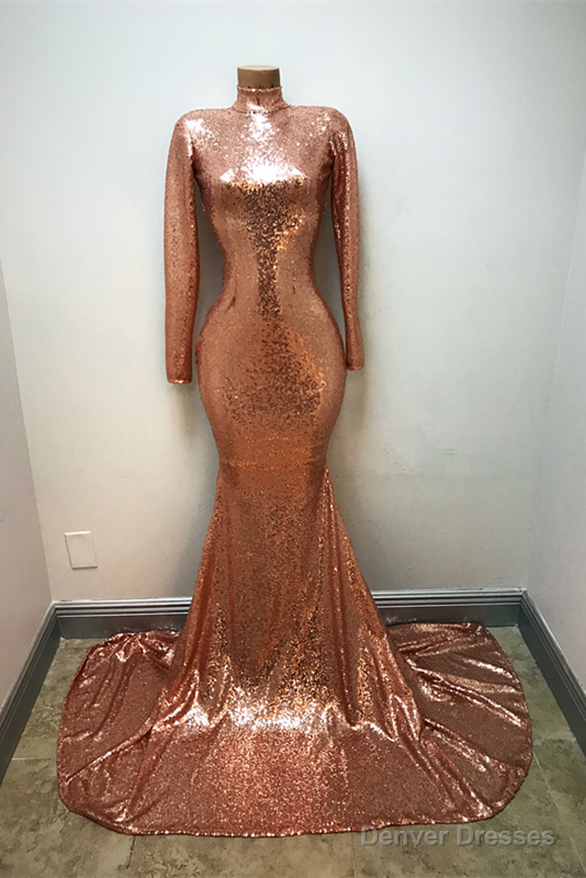High-Neck Sequins Prom Party Gowns| Mermaid Long-Sleeve Evening Gowns Main image