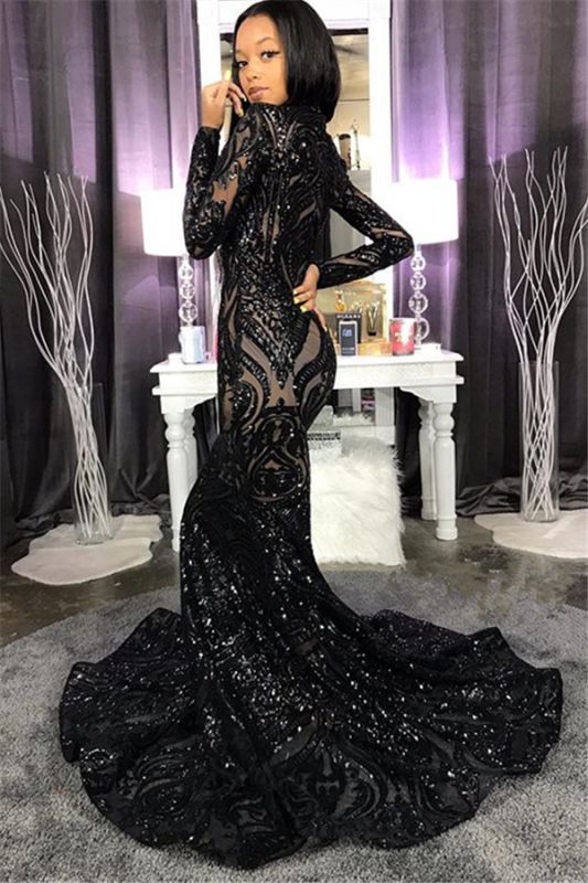 High Neck Shiny Appliques Black Girl Prom Dress | Mermaid Long Sleeve Evening Gowns
