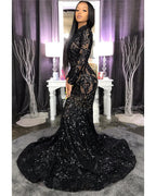 High Neck Shiny Appliques Black Girl Prom Dress | Mermaid Long Sleeve Evening Gowns