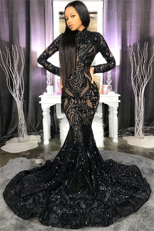 High Neck Shiny Appliques Black Girl Prom Dress | Mermaid Long Sleeve Evening Gowns