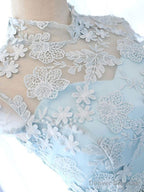 High Neck Short Blue Lace Prom Dresses, Short Blue Lace Graduation Homecoming Dresses