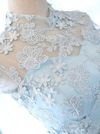 High Neck Short Blue Lace Prom Dresses, Short Blue Lace Graduation Homecoming Dresses