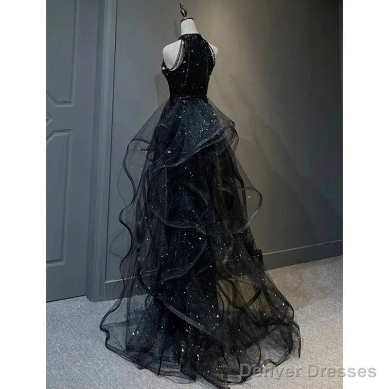 High Neckline Black Halter Shiny Tulle And Sequins Party Dress Black Tulle Prom Dress prom dresses shops