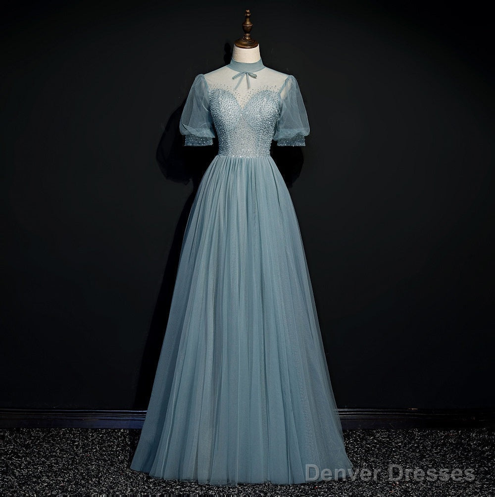 High Quality Beaded Short Sleeves Formal Dress, Tulle A-line Party Dress Prom Dress Main image