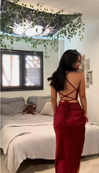 High Quality Burgundy Satin Prom Dress Long Evening Gown