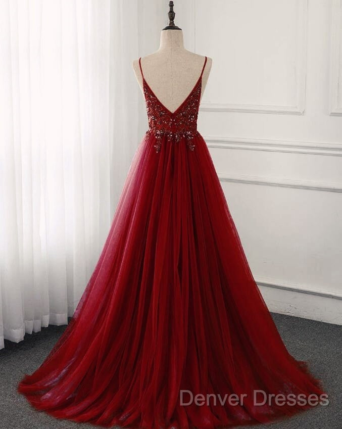 High Quality Burgundy Straps Beaded Long Party Dress, Long Junior Prom Dress