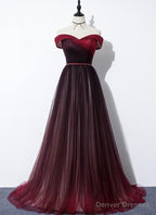 High Quality Gradient Dark Red Sweetheart Long Prom Dress, Tulle Evening Dress