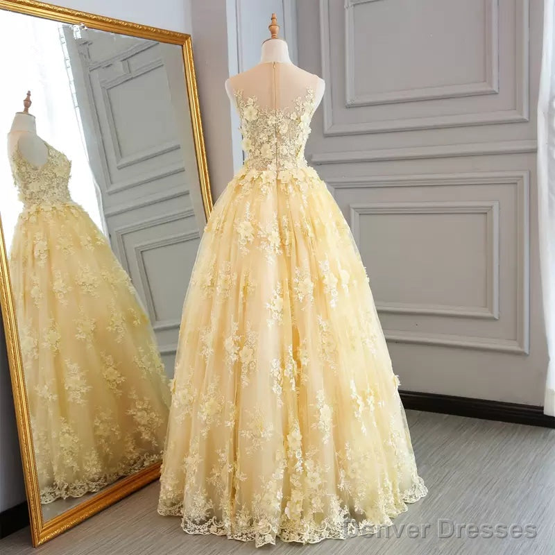 High Quality Lace Yellow Long Party Gown, A-line Evening Dress Main image