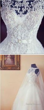 High Quality Long A-Line Lace Sleeveless Bateau Neck Clairvoyant Outfit Back Wedding Dresses With Pearls,