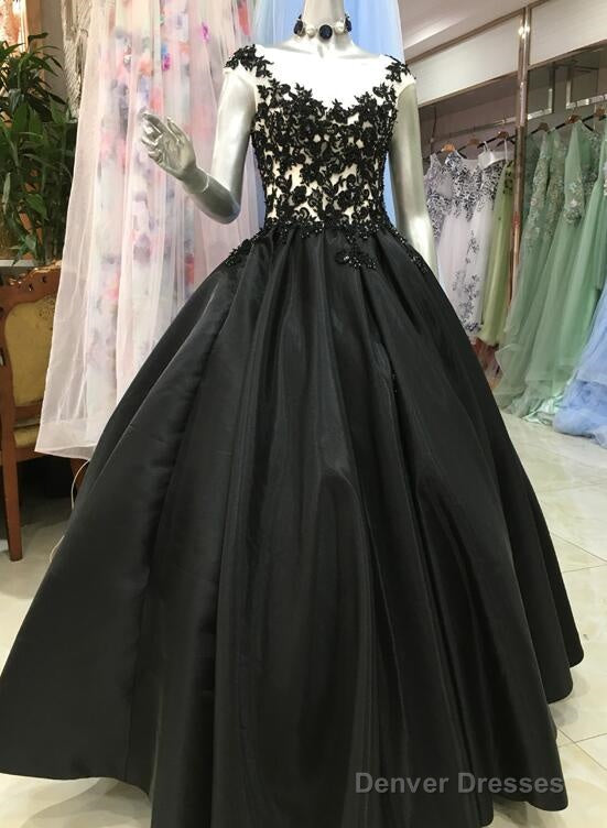 High Quality Satin With Lace Applique Round Neckline Formal Gown, Black Party Dresses Prom Dress