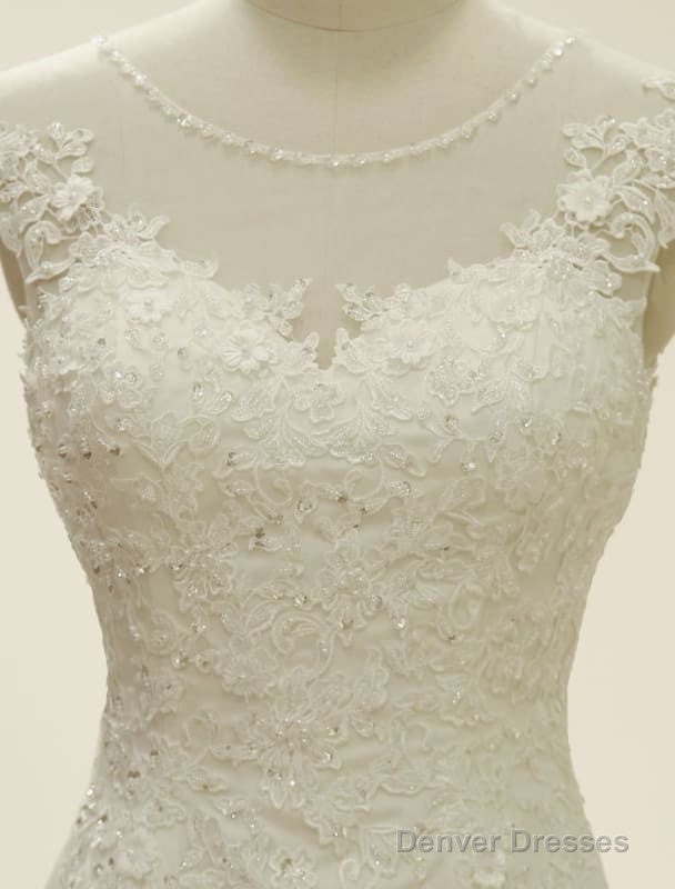 High Qulity Lace Mermaid Wedding Dress Illusion Chaple Train Ivory Beading Bridal Gown