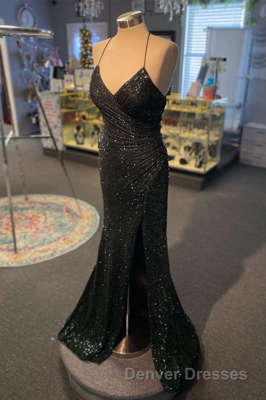 High Slit Blue Sequins Straps Mermaid Evening Gown,Ball Gowns Prom Dress