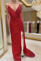 High Slit Blue Sequins Straps Mermaid Evening Gown,Ball Gowns Prom Dress