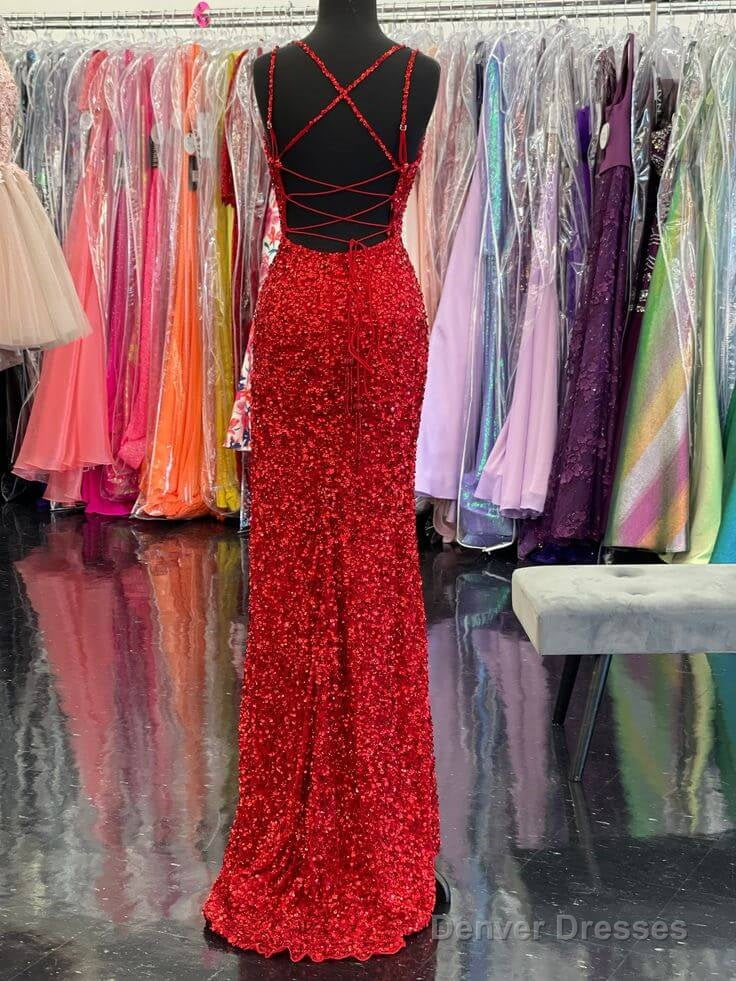 High Slit Sequin Red Prom Dresses Long V Neckline Mermaid Evening Dress Secondary image