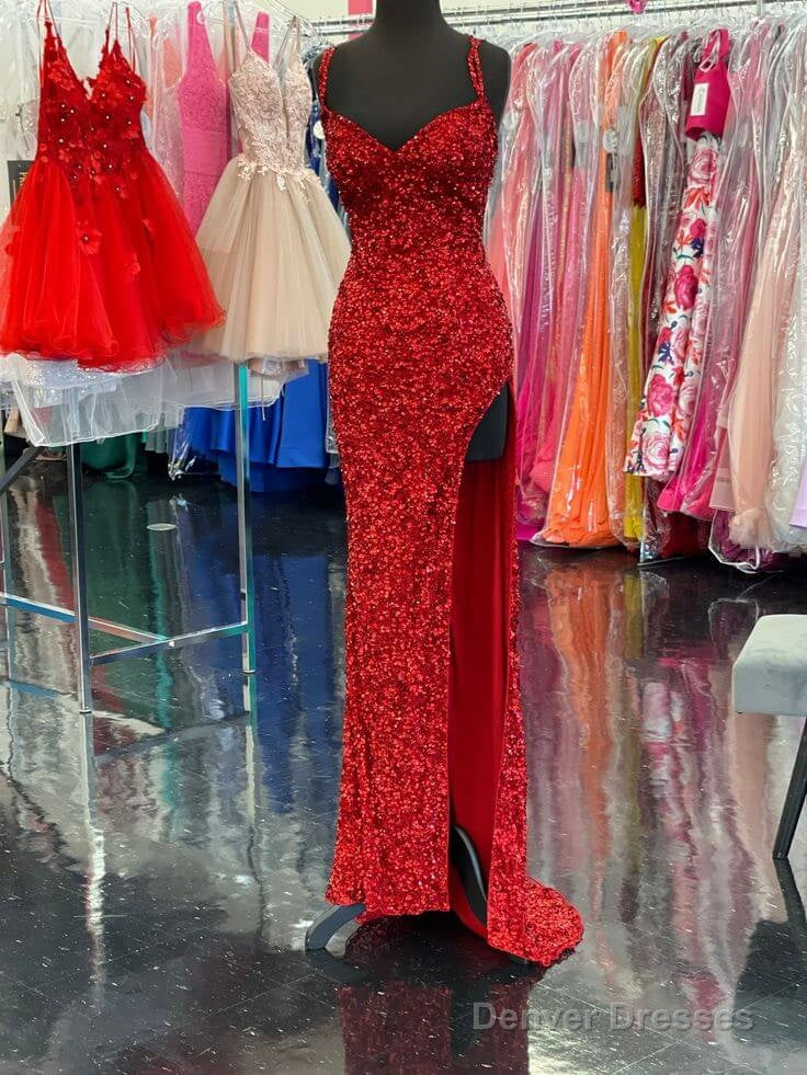 High Slit Sequin Red Prom Dresses Long V Neckline Mermaid Evening Dress