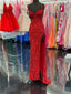 High Slit Sequin Red Prom Dresses Long V Neckline Mermaid Evening Dress