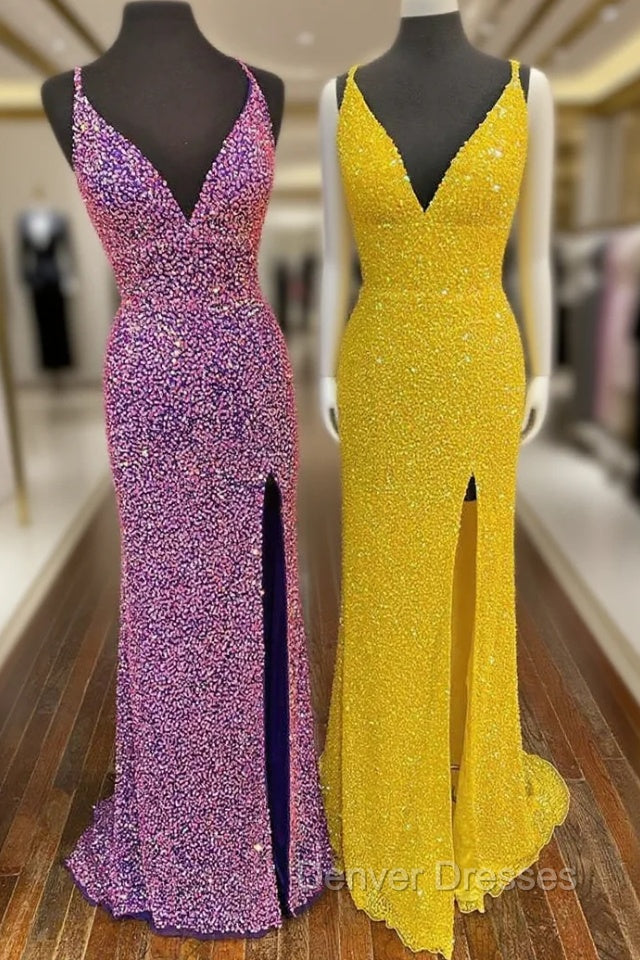 Hight Slit Yellow Sequins Halter Prom Dress