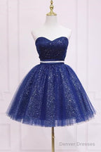 Homecoming Dress With Belt, Sparkly Blue Formal Evening Dress
