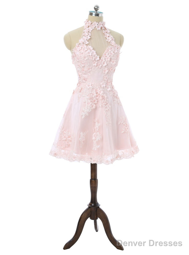 Homecoming Dresses A-line Halter Knee Length Flowers Appliques