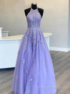Hot Halter Purple Prom Dress Lace Long Graduation Evening Dress