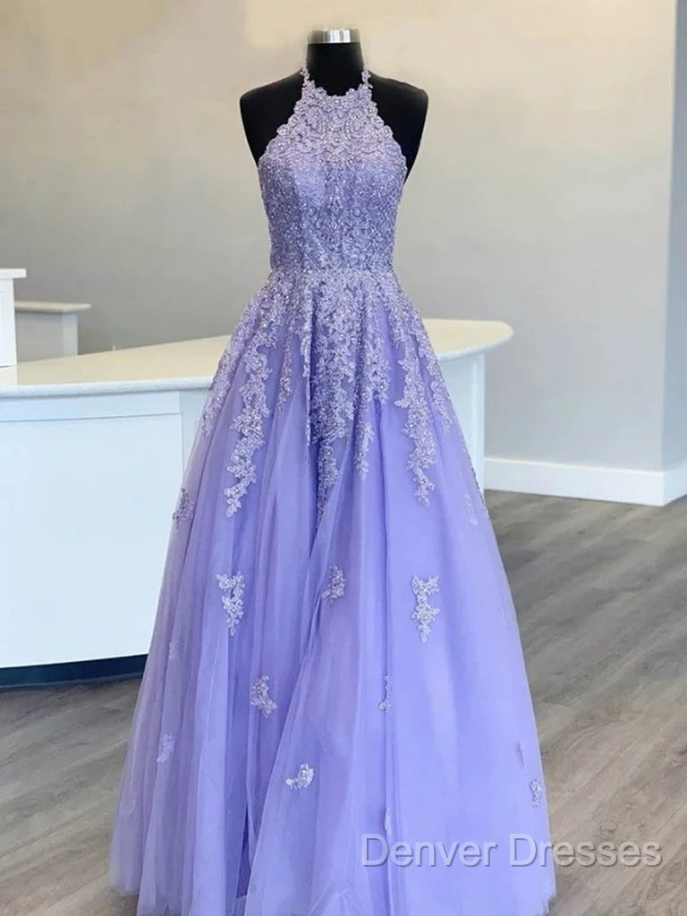 Hot Halter Purple Prom Dress Lace Long Graduation Evening Dress