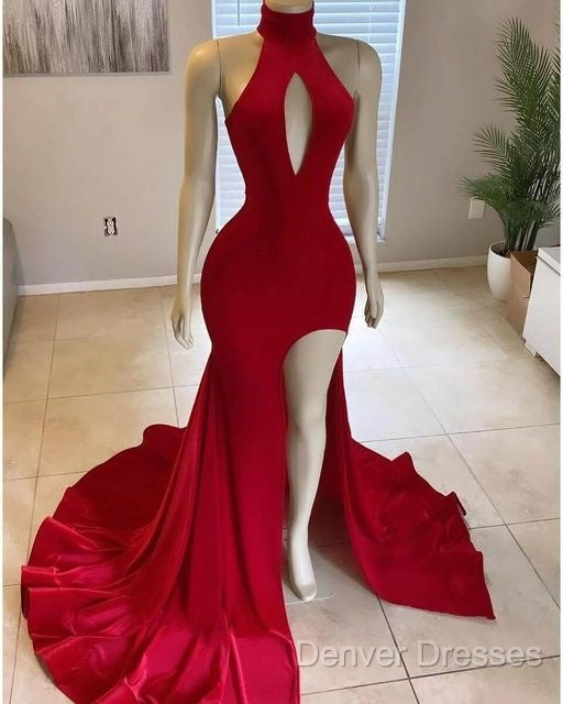 Hot Long Red Prom Dress High Neck Satin Mermaid Evening Dress Uk Split Secondary image