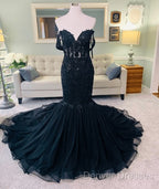 Hot Mermaid Lace Gothic Wedding Dress Black Applique Off Shoulder