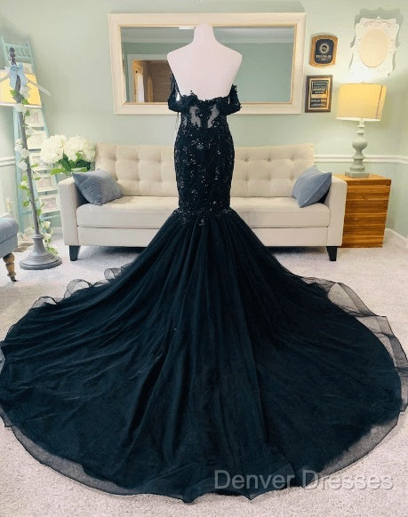 Hot Mermaid Lace Gothic Wedding Dress Black Applique Off Shoulder