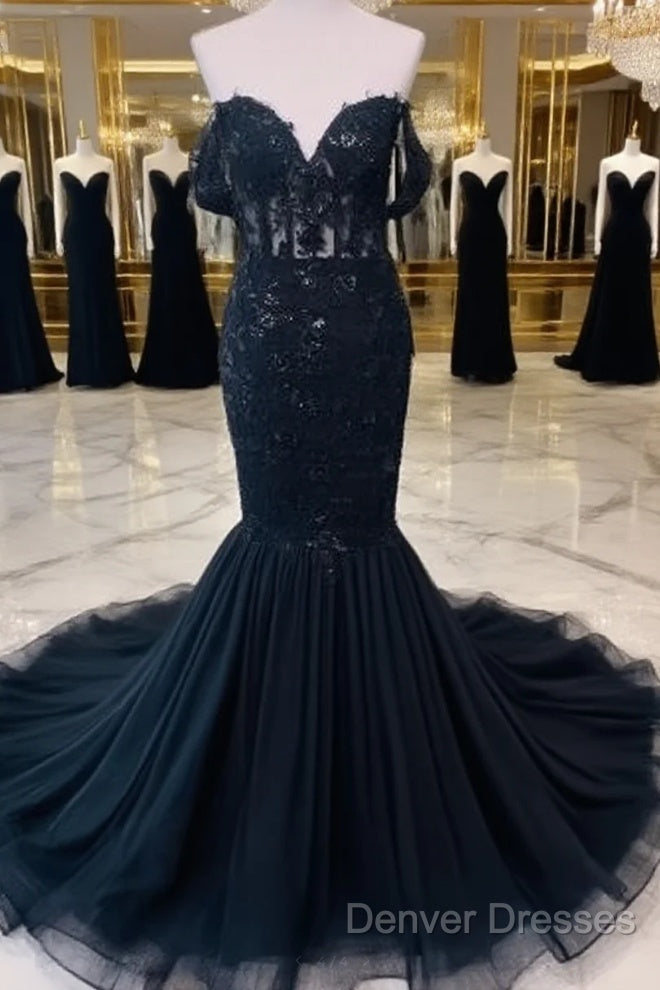 Hot Mermaid Lace Gothic Wedding Dress Black Applique Off Shoulder Main image