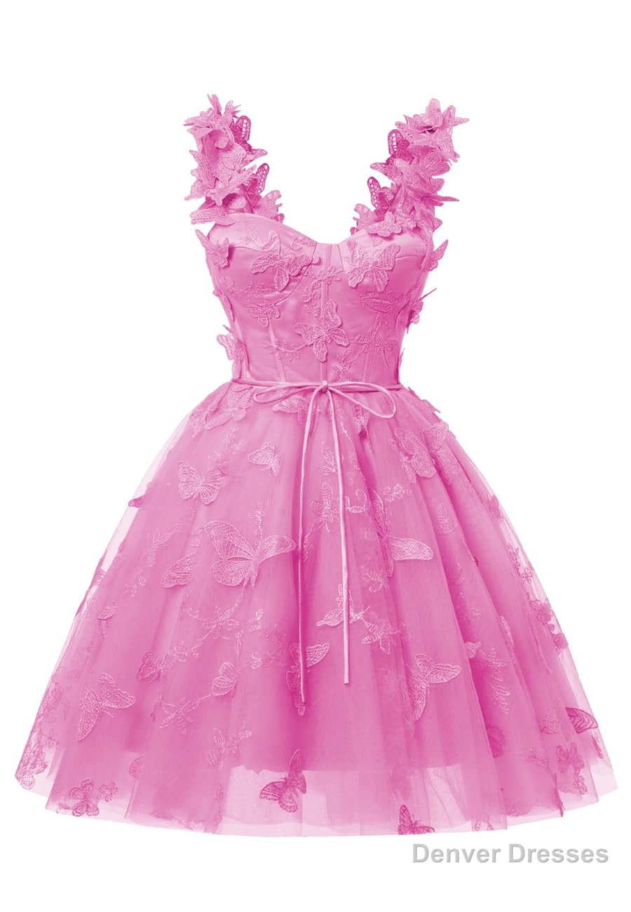Hot Pink 3D Butterfly Lace Applique Tulle Homecoming Dress for Teens Sweetheart Mini Short Prom Dresses Main image