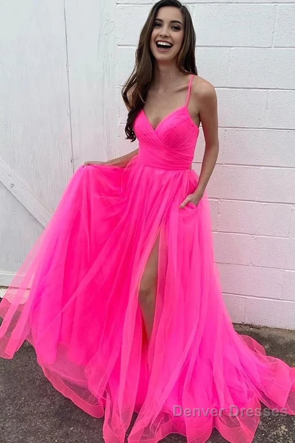 Hot Pink A-Line Tulle Long Prom Dress with Pockets Main image