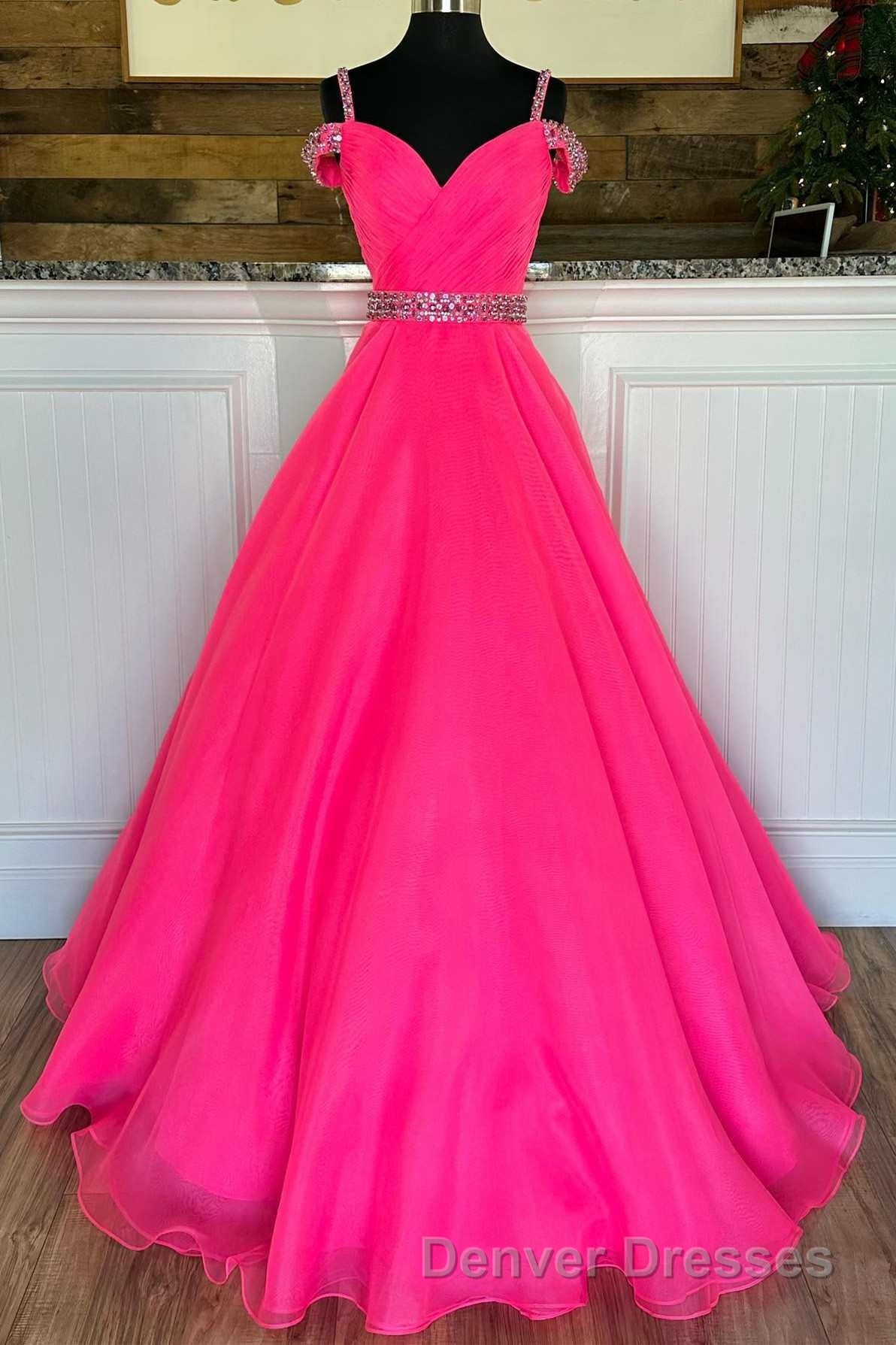 Hot Pink Beaded Cold-Shoulder A-Line Prom Dress Secondary image