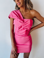Hot Pink Bowknot Satin Homecoming Dress One Shoulder Cocktail Dress