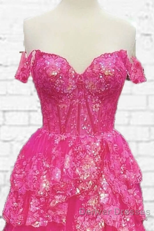 Hot Pink Lace Off Shoulder Tiered Prom Dress With Slit Secondary image