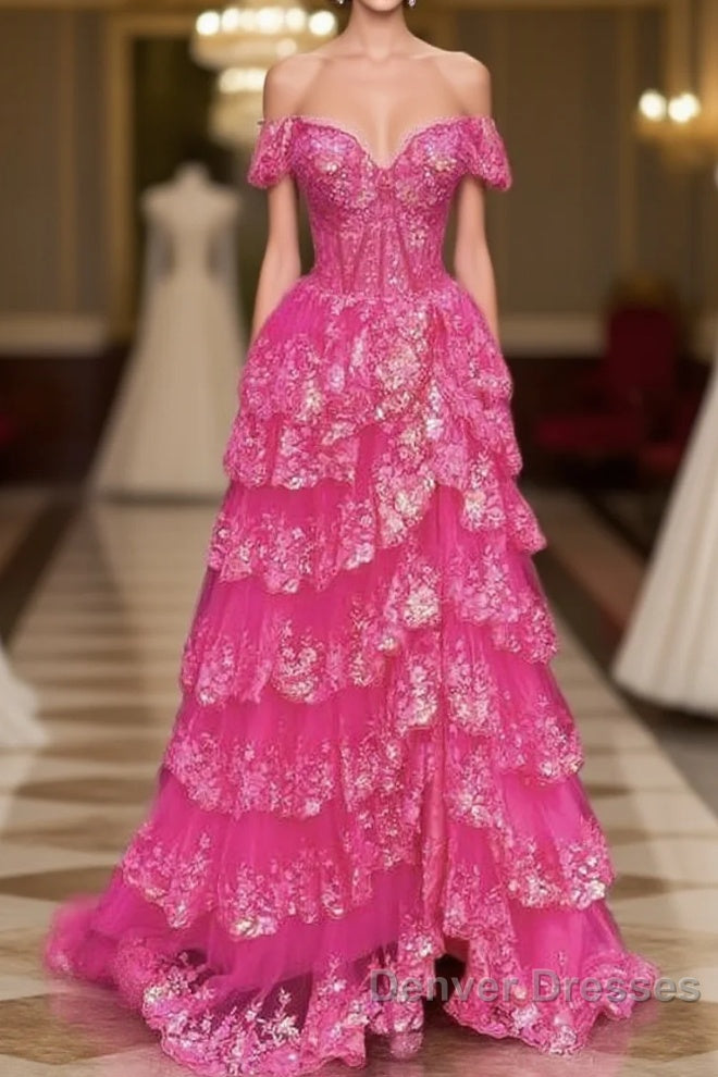 Hot Pink Lace Off Shoulder Tiered Prom Dress With Slit