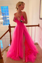 Hot Pink V-Neck Lace-Up Back Pleated A-Line Tulle Empire-Waist Long Prom Dress