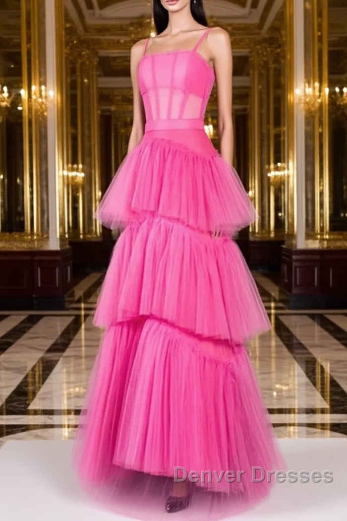 Hot Pink Long Tulle Prom Dress, Hot Pink Long Tulle Formal Evening Dress