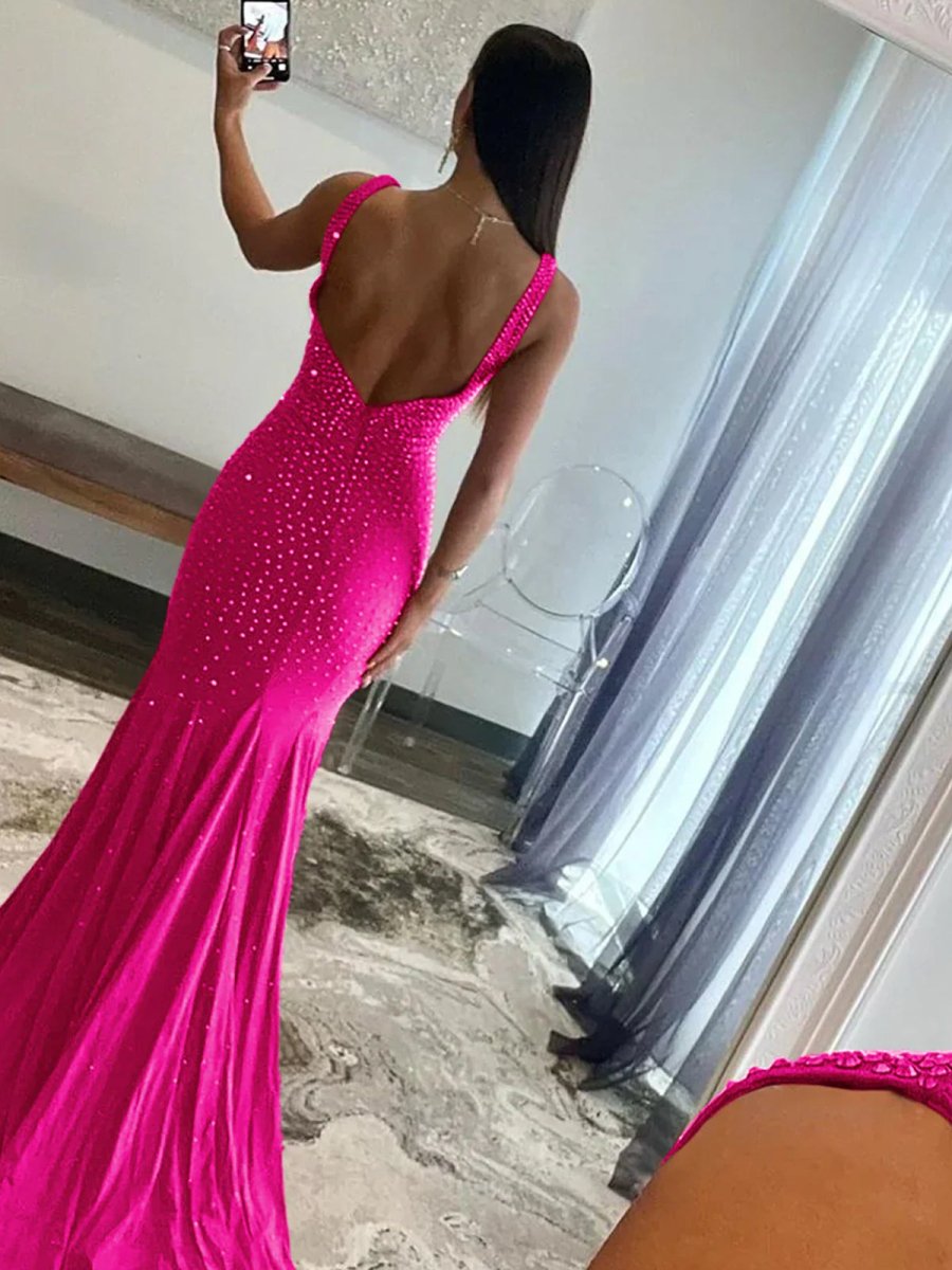 Hot Pink Mermaid Deep V-Neck Beaded Satin Long Prom Dress