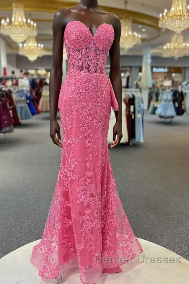 Hot Pink Mermaid Lace Prom Dress, Hot Pink Mermaid Lace Formal Evening Dress