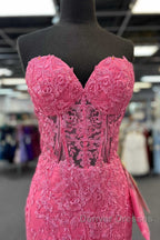 Hot Pink Mermaid Lace Prom Dress, Hot Pink Mermaid Lace Formal Evening Dress