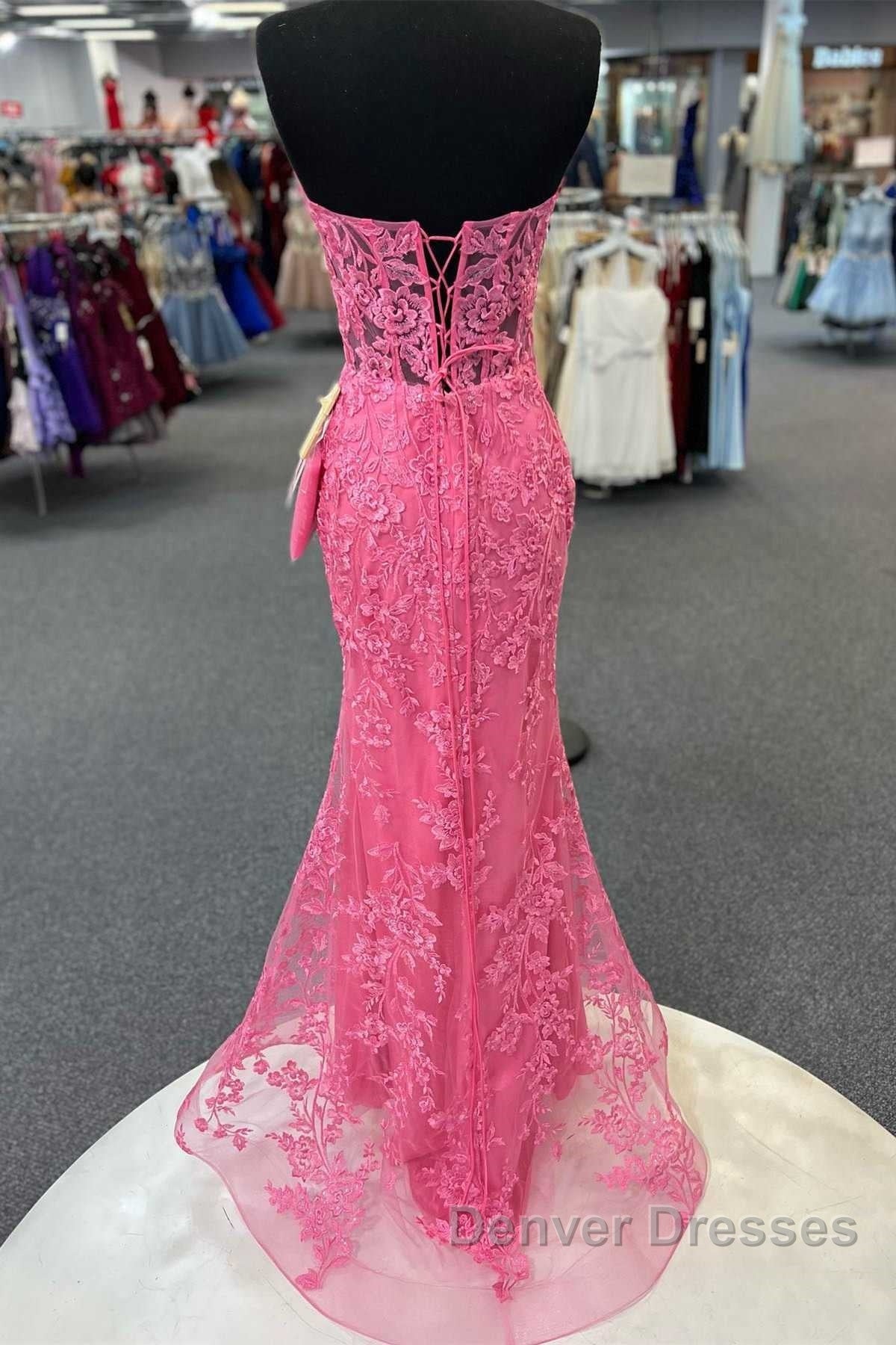 Hot Pink Mermaid Lace Prom Dress, Hot Pink Mermaid Lace Formal Evening Dress