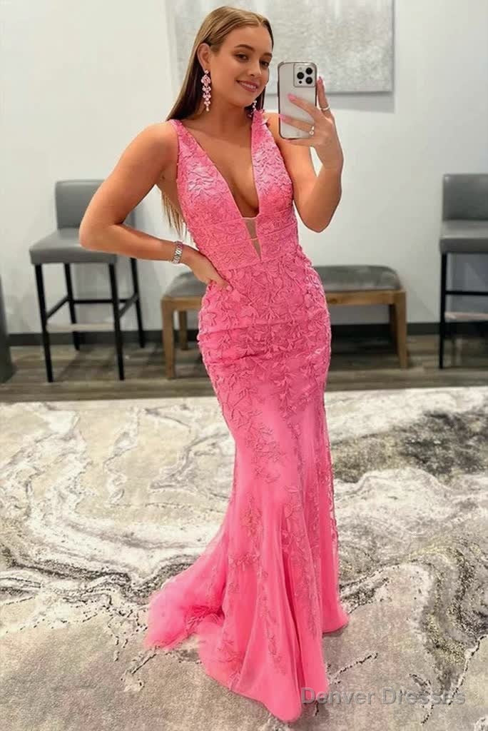 Hot Pink Mermaid Plunge V Neck Lace Prom Dress Main image